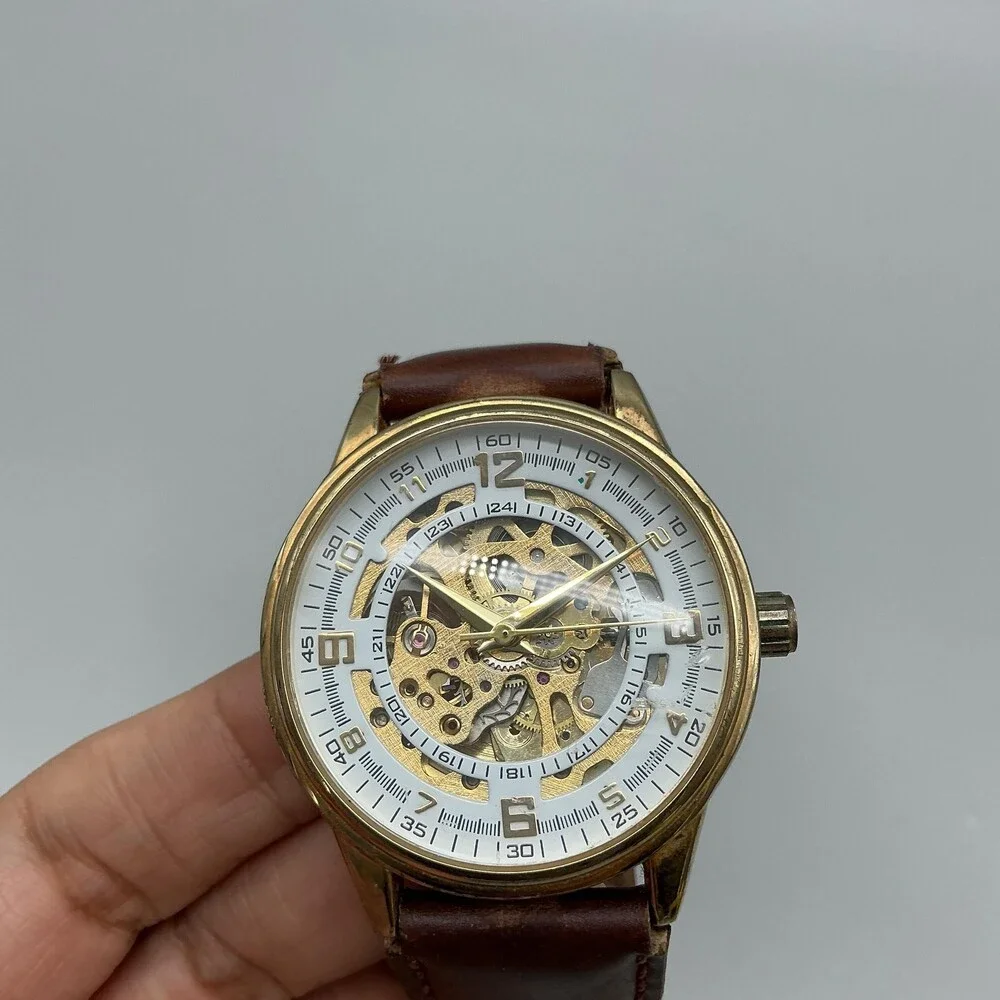 Akribos XXIV Mens Watch 41mm Skeleton Gold Tone Dial Leather Automatic Dress